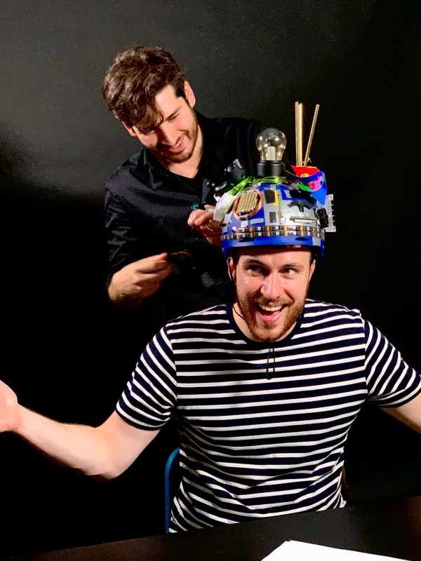Nelson Inno, innovation consultant, wearing the WeSpark innovation helmet
